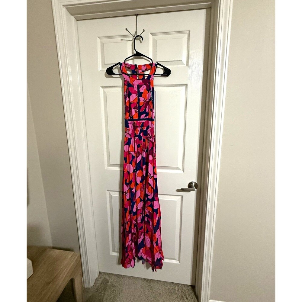 Abel The Label Women's L Abstract Pink Orange Purple Blue Long Maxi Dress